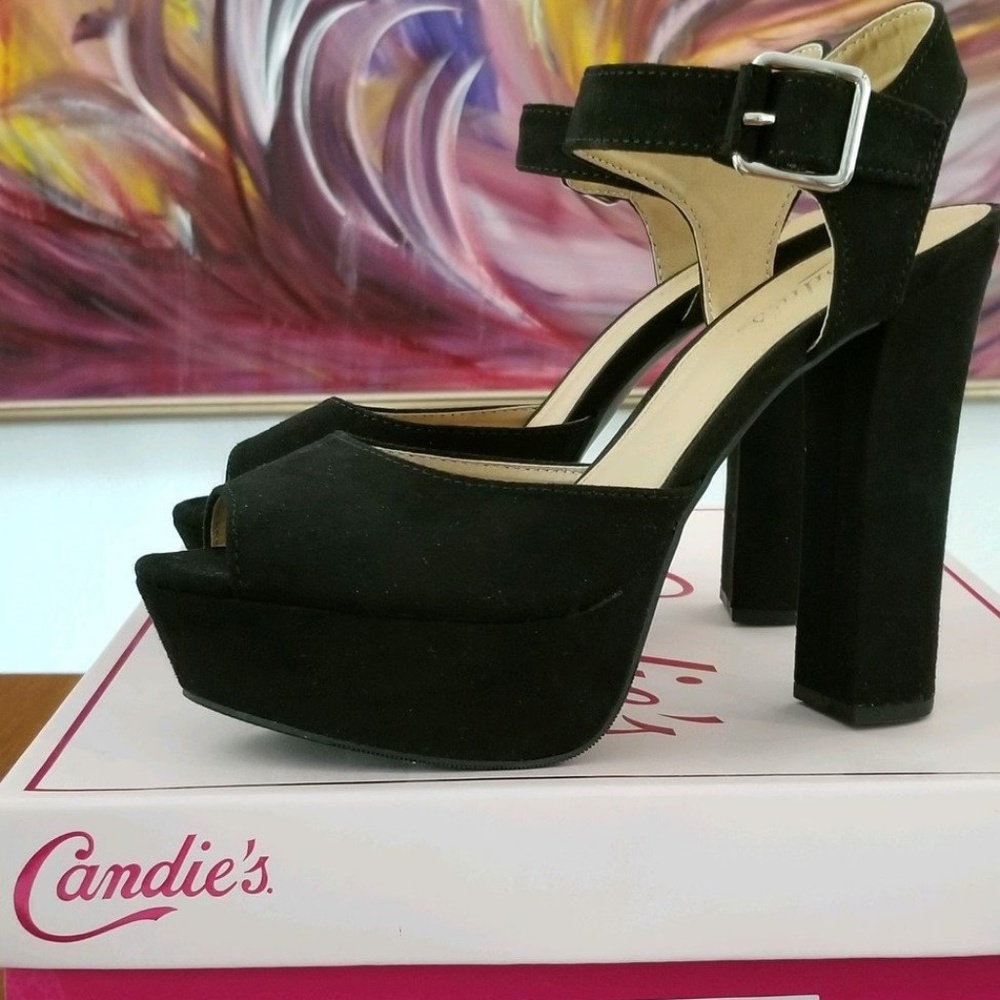 Candie's Ankle strap black suede 5" heels.